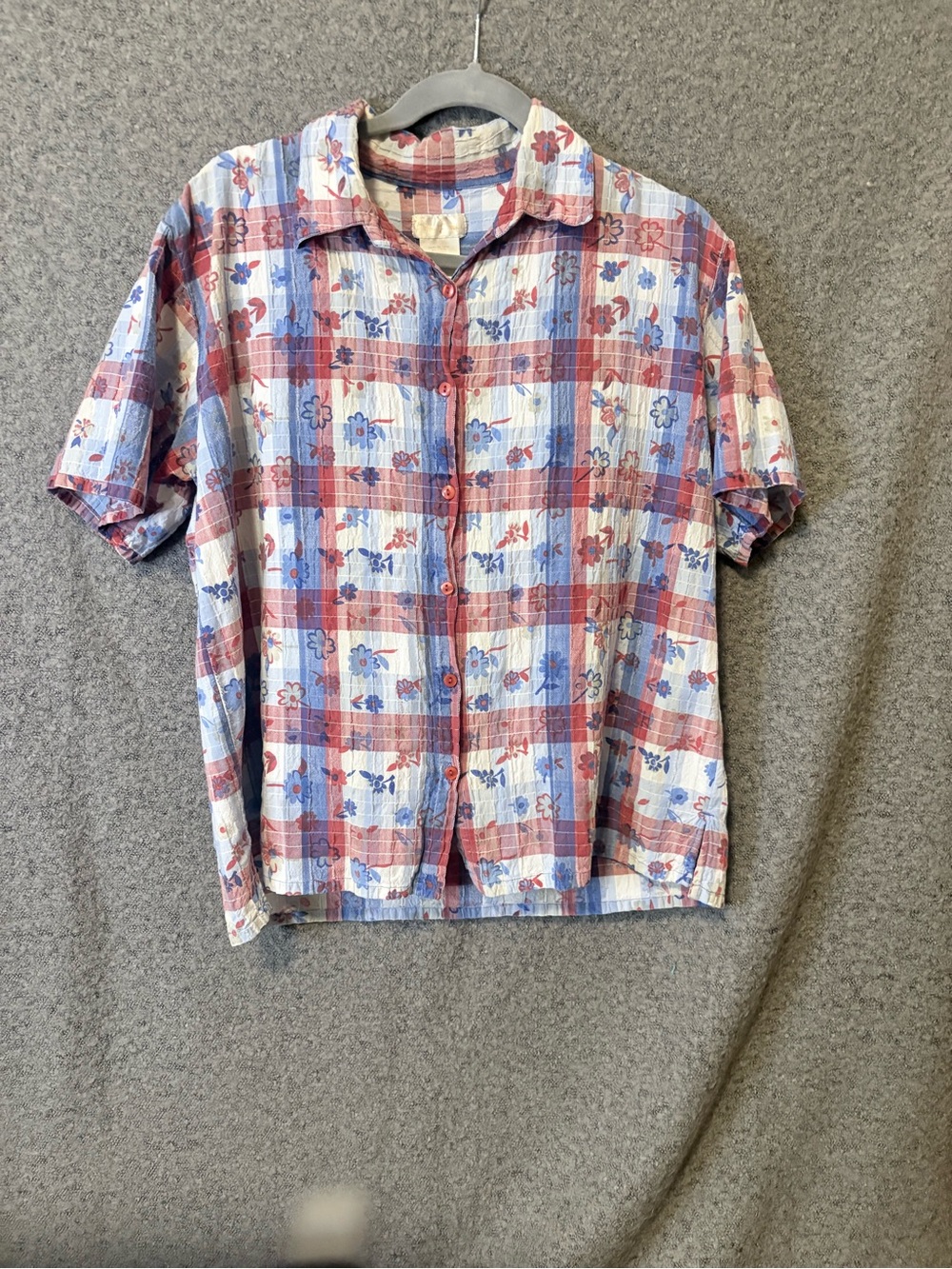 Authentic Retro Bobby Brooks Plaid & Floral Crinkle Blouse Grandma Chic -Ladies